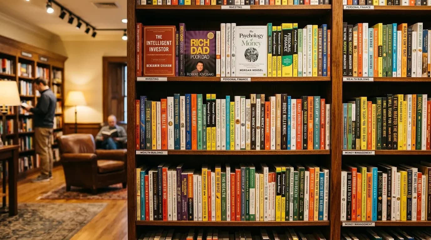 financial education books on library shelf