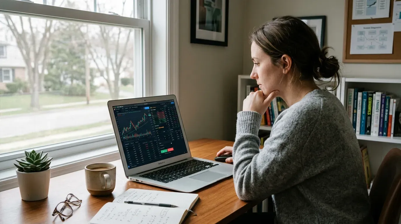 Person practicing paper trading on a laptop with financial charts visible