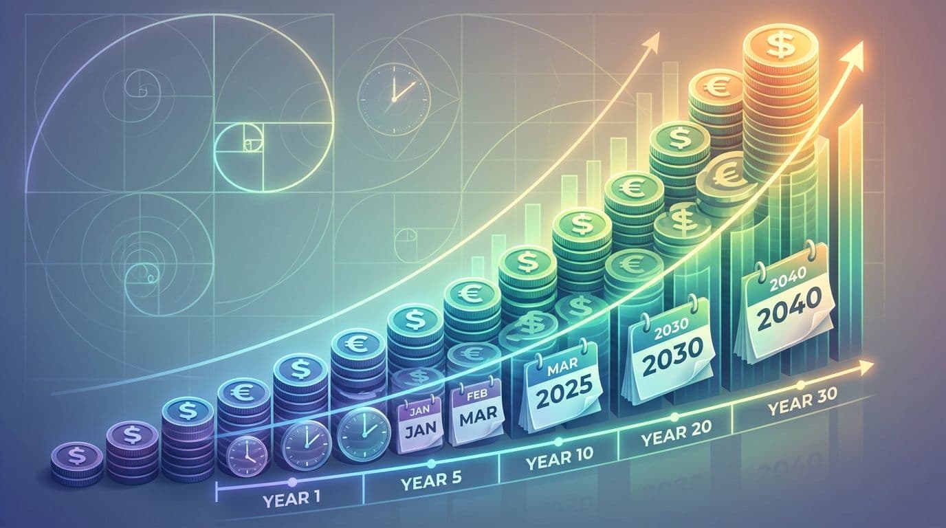 Abstract visualization of compound interest growth with stacked coins and exponential accumulation over time
