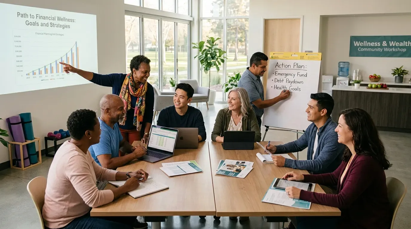 Diverse community engaged in financial education and wellness planning