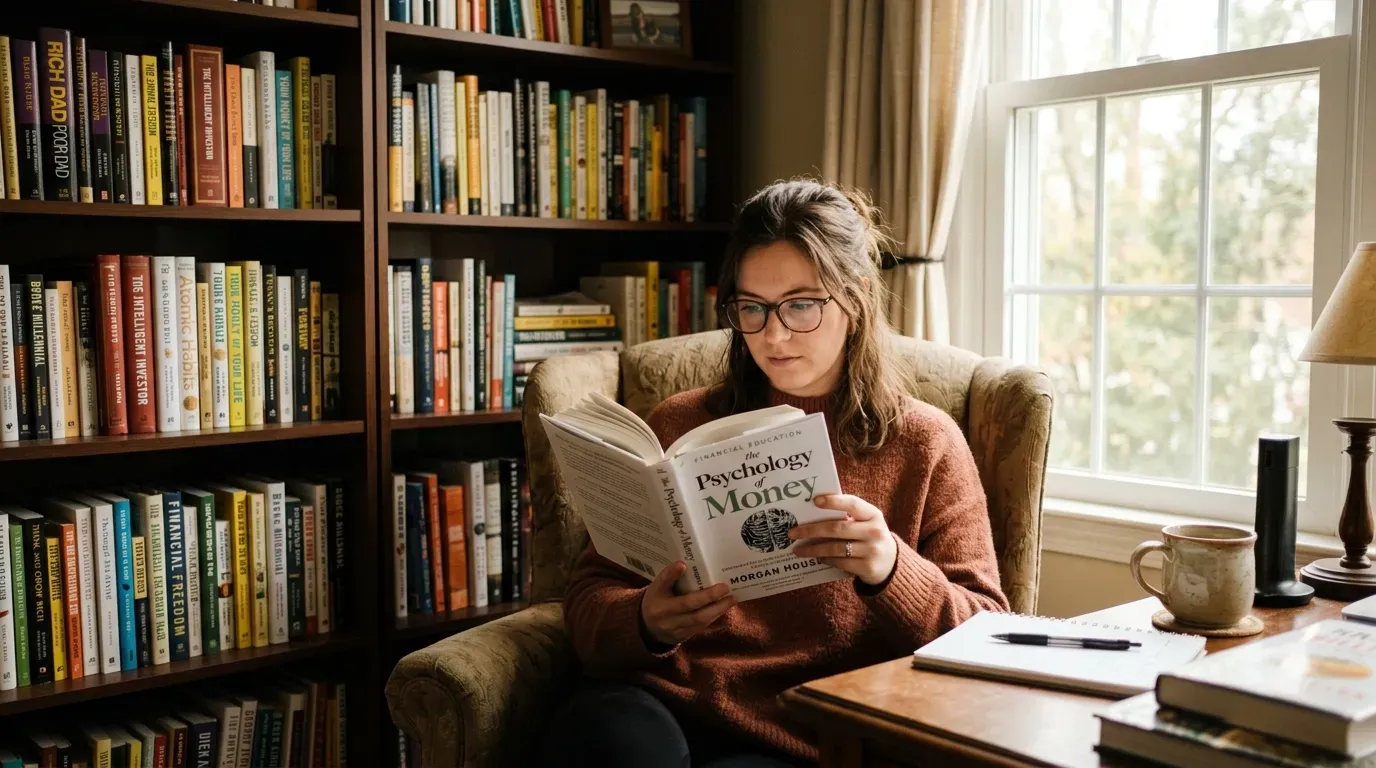 Person reading a financial education book in a comfortable, warm setting with finance books on shelves