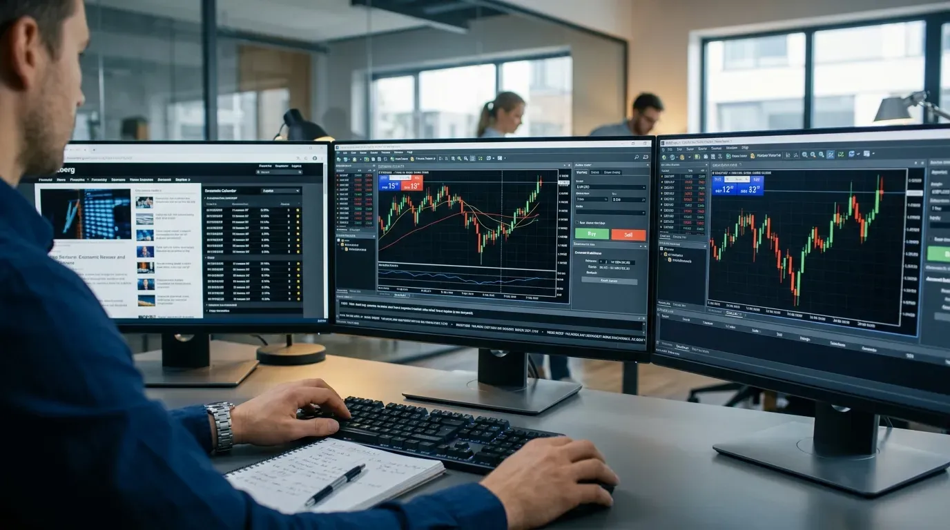 Forex trader analyzing currency pair charts and trading platforms for EUR/USD and other major currency pairs